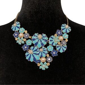 Amrita Singh Necklace Blue Navy Stripe Flowers Rhinestone Accent Faux Pearls